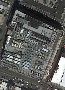 Google Maps image of building at Bank and Halsey Streets in Newark NJ, with lots of generators and chillers on the roof