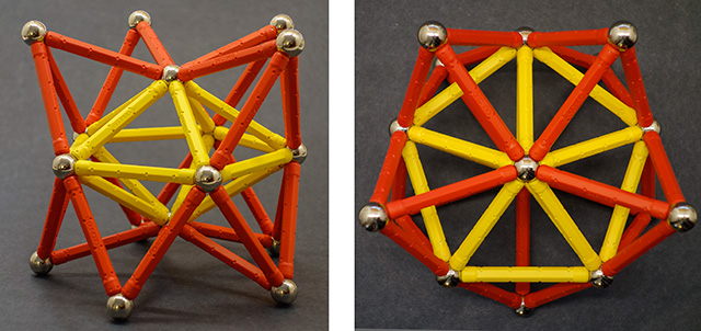two more views of the same 16-vertex cluster, from an equatorial position (left) and a polar point of view (right)