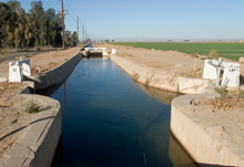 At a zanja near Heber, CA, headgates regulate flow into farmers' fields.