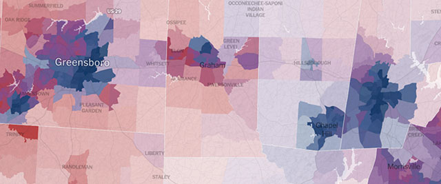 NY Times map showing Senate vote proportions and population density for a section of the state extending from Greenboro on the left to Durham on the right.
