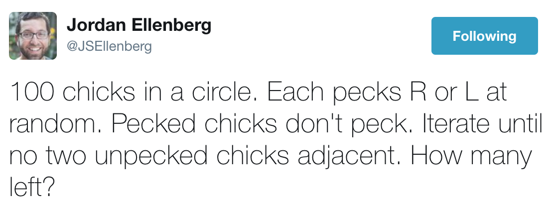 Text of Ellenberg's tweet: 100 chicks in a circle. Each pecks R or L at random. Pecked chicks don't peck. Iterate until no two unpecked chicks adjacent. How many left?