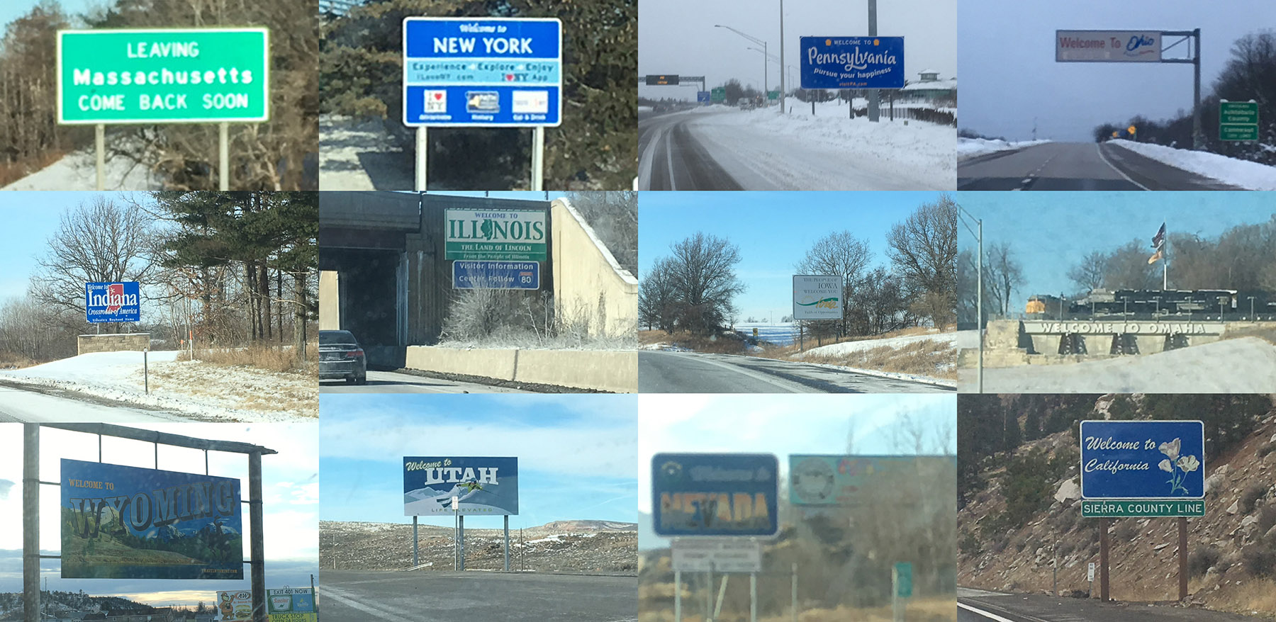 state border signs for the dozen states from MA to CA on I-80 (there is no "wlecome to Nebraska" sign, so I made do with "welcome to Omaha"