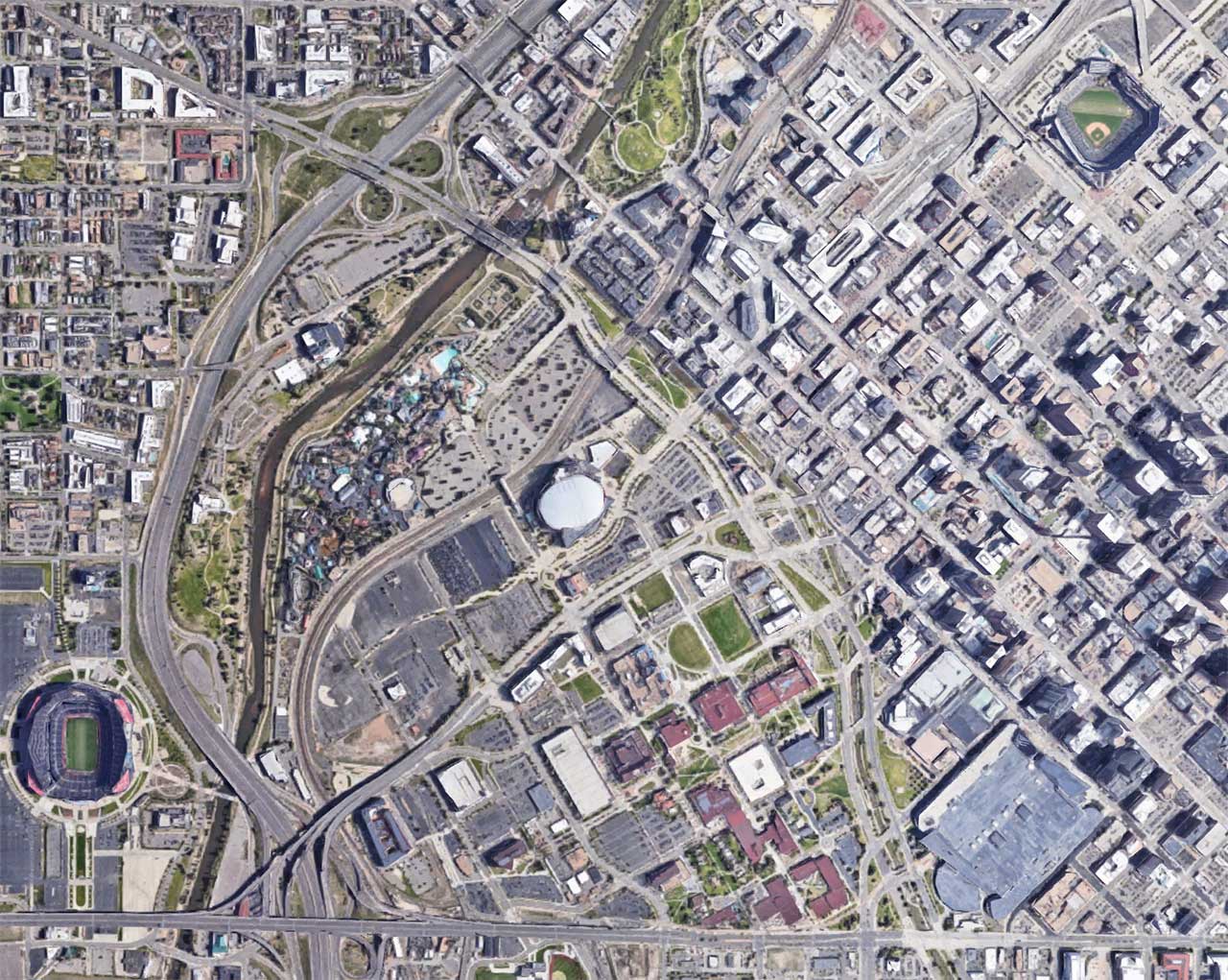 Overhead view of downtown Denver with Colorado Convention Center and stadiums, from Google Maps.